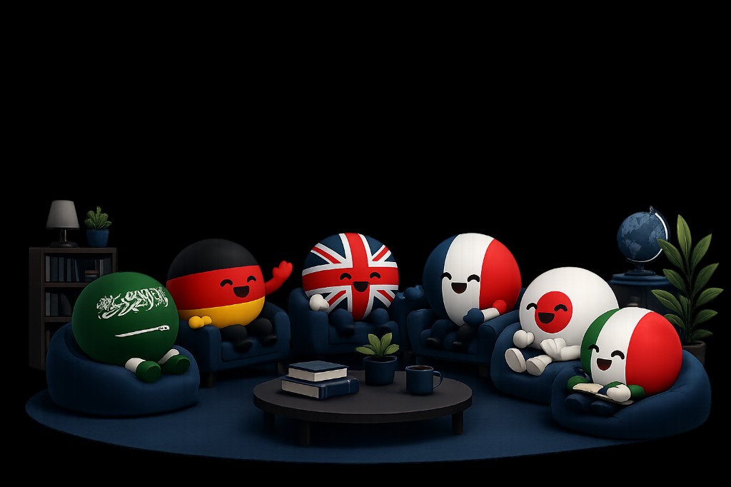 Friendly flag characters from different countries chatting together in a cozy lounge