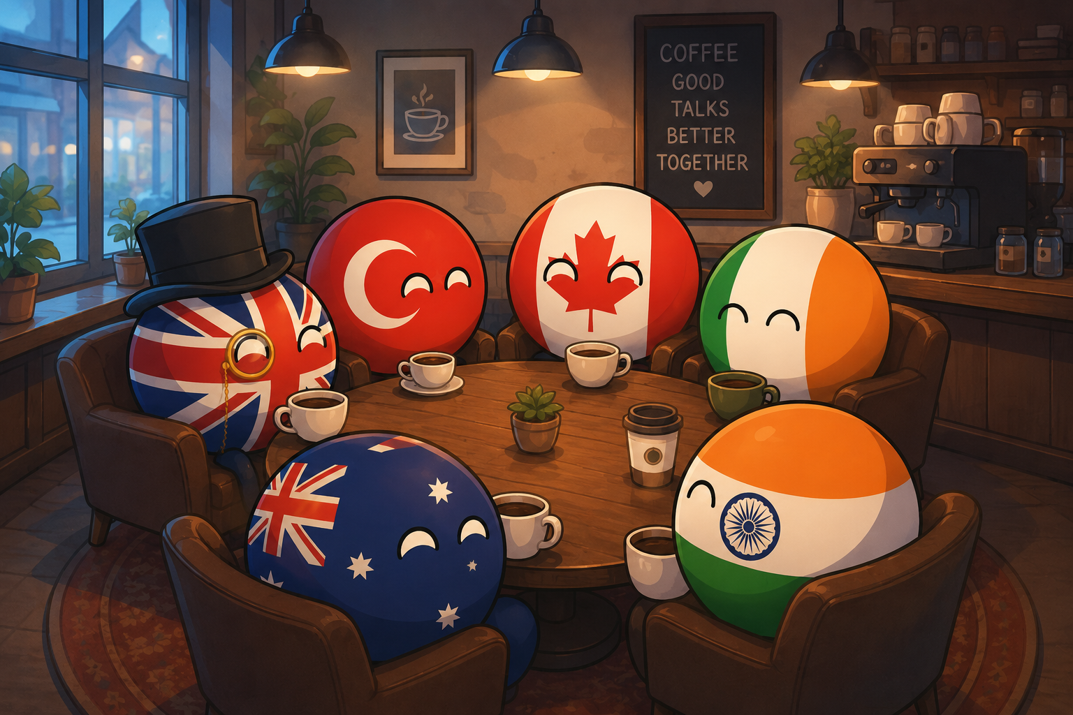 Friendly country characters from around the world chatting together