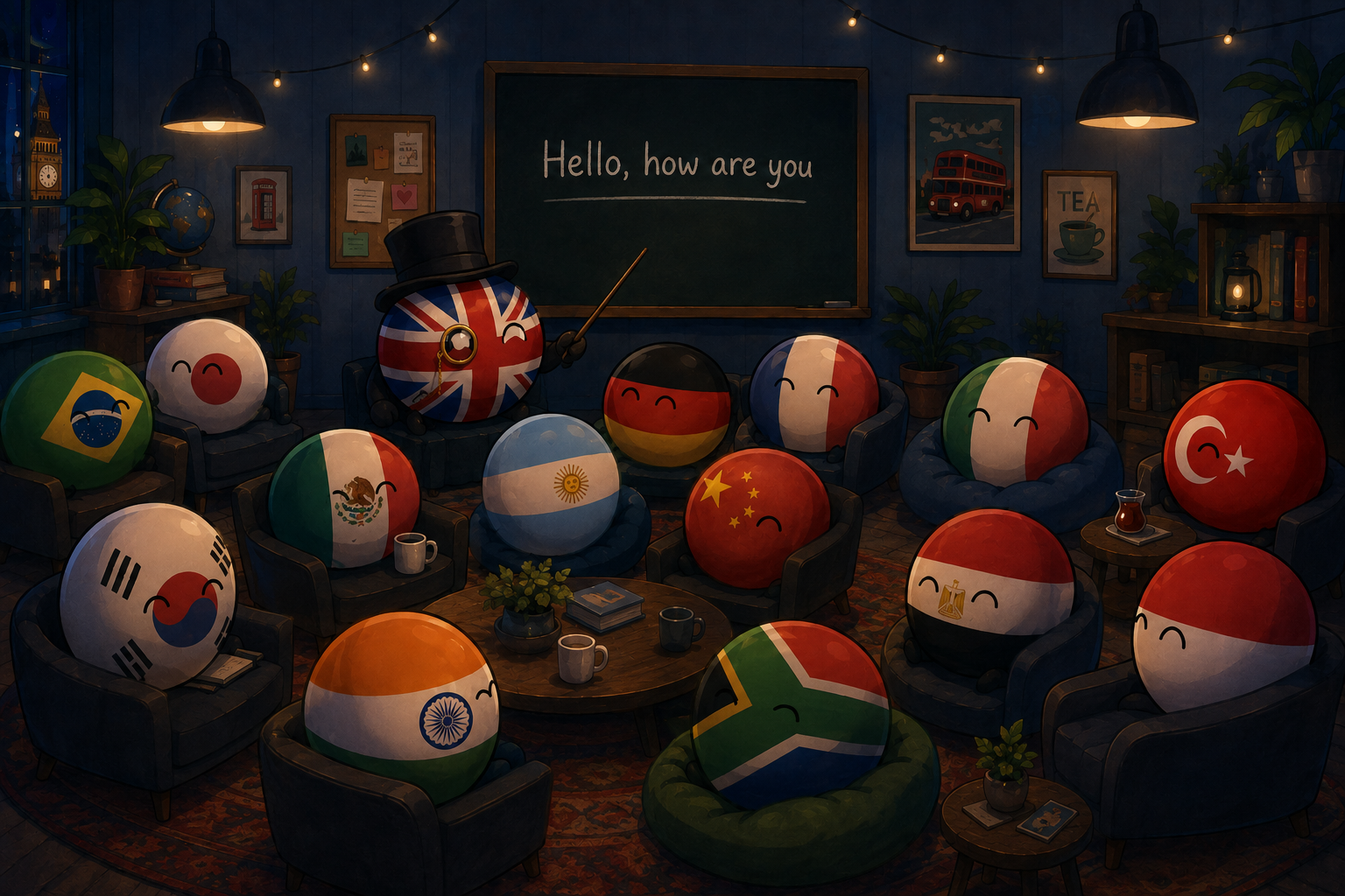 Country characters learning English together in a classroom